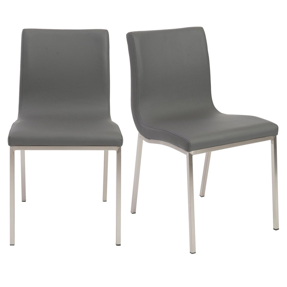 Set of Two Gray and Silver Upholstered Leather Dining Side Chairs