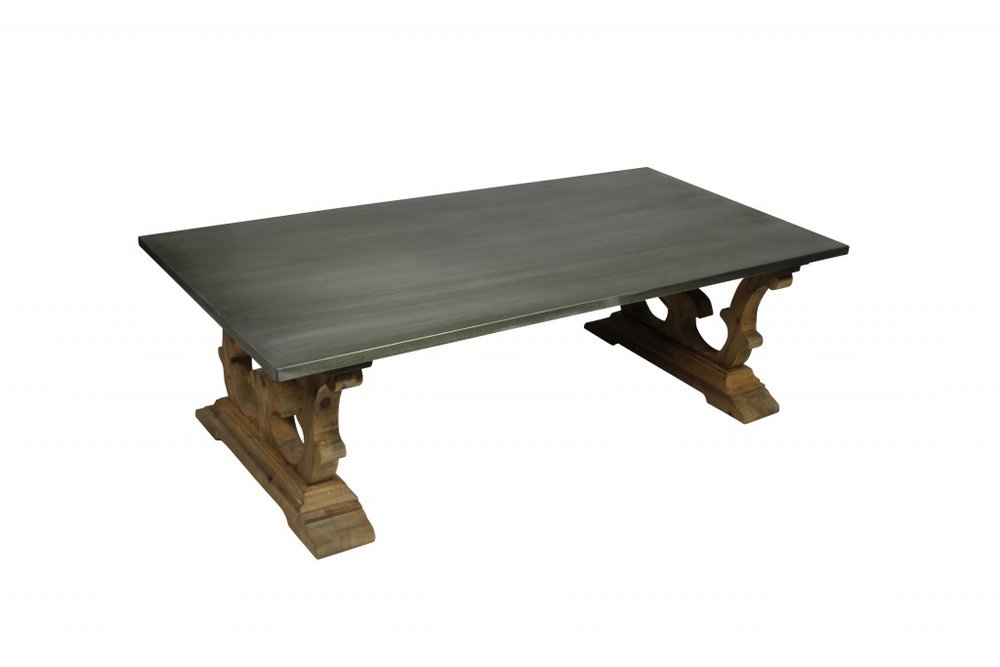 Gray and Brown Zinc and Solid Wood Pedestal Coffee Table - 63-inch
