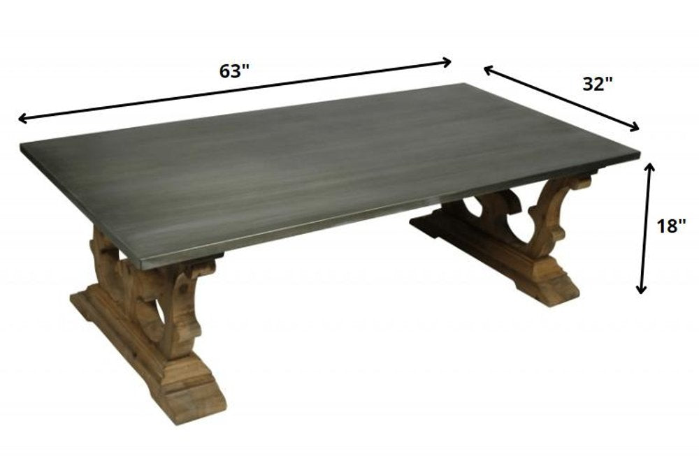 Gray and Brown Zinc and Solid Wood Pedestal Coffee Table - 63-inch