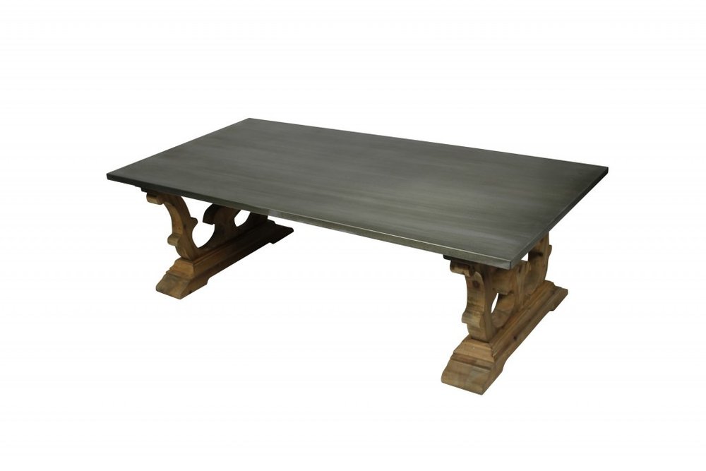 Gray and Brown Zinc and Solid Wood Pedestal Coffee Table - 63-inch