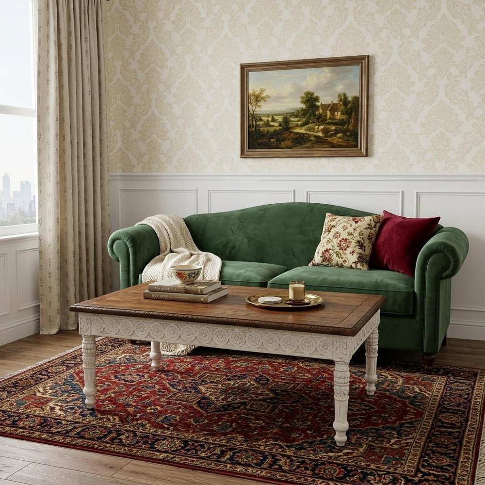 Brown and Ivory Solid Wood Coffee Table - 48-inch