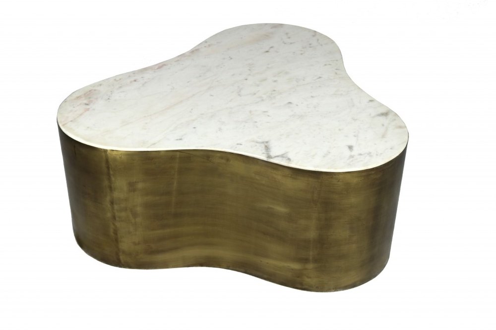 White and Brass Genuine Marble and Iron Free Form Solid Coffee Table