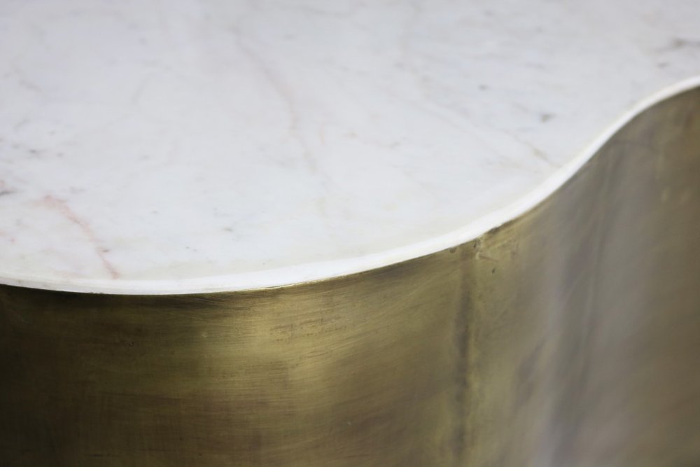 White and Brass Genuine Marble and Iron Free Form Solid Coffee Table