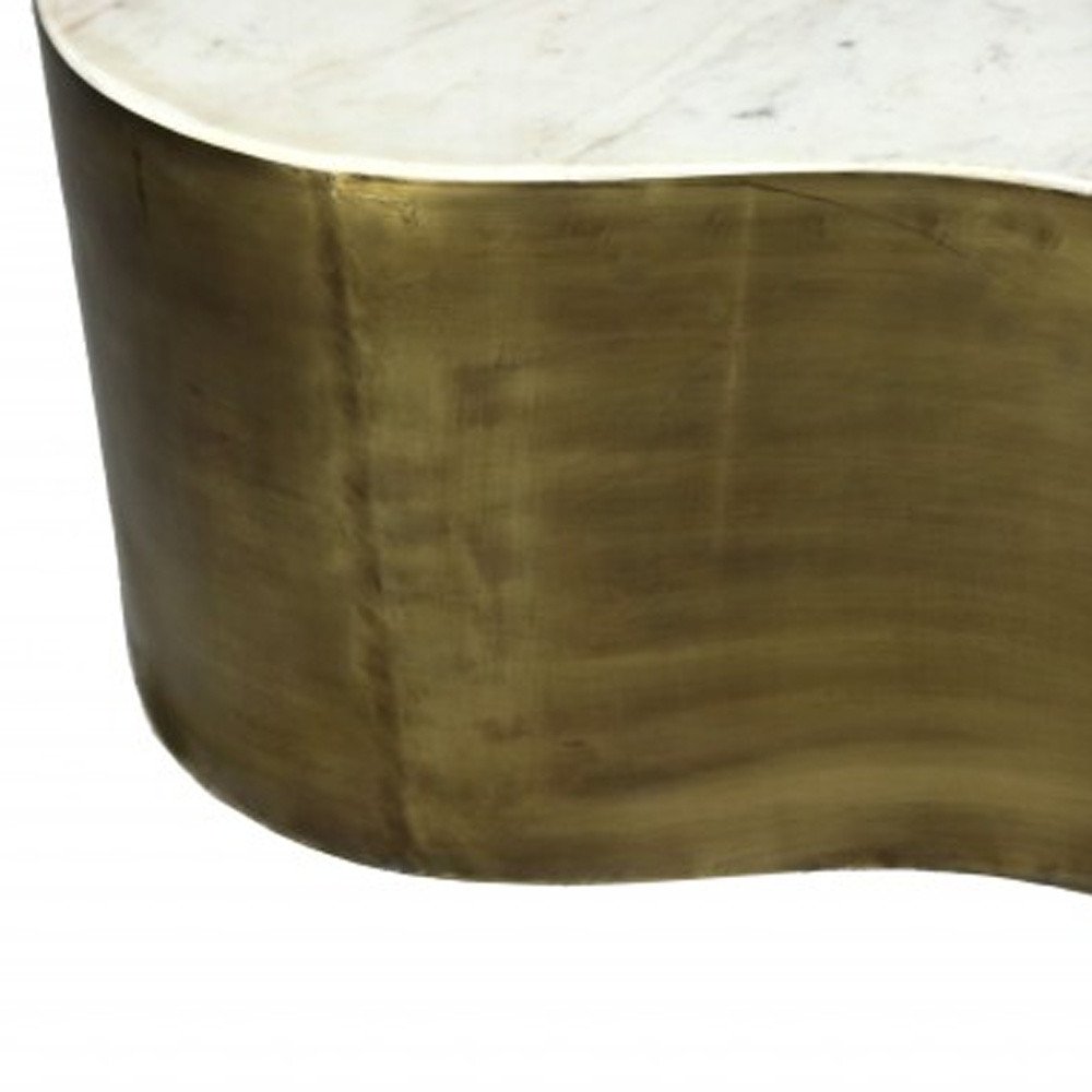 White and Brass Genuine Marble and Iron Free Form Solid Coffee Table