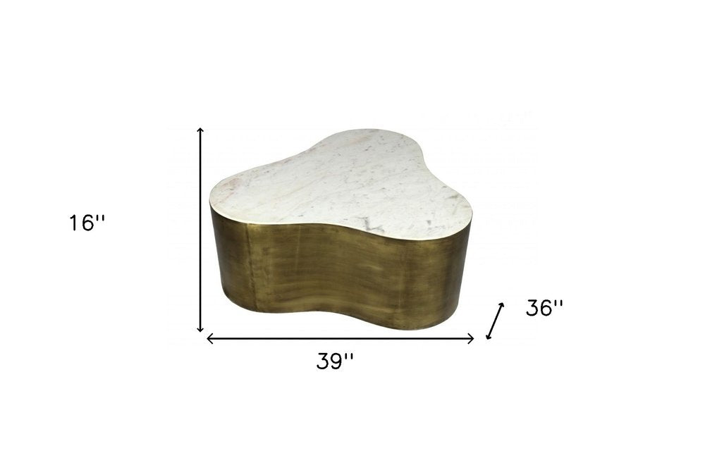 White and Brass Genuine Marble and Iron Free Form Solid Coffee Table