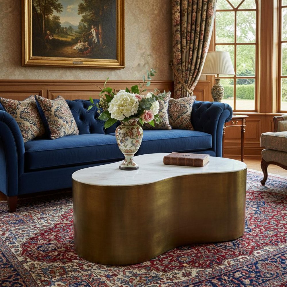 White and Brass Genuine Marble and Iron Free Form Solid Coffee Table