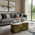 White and Brass Genuine Marble and Iron Free Form Solid Coffee Table