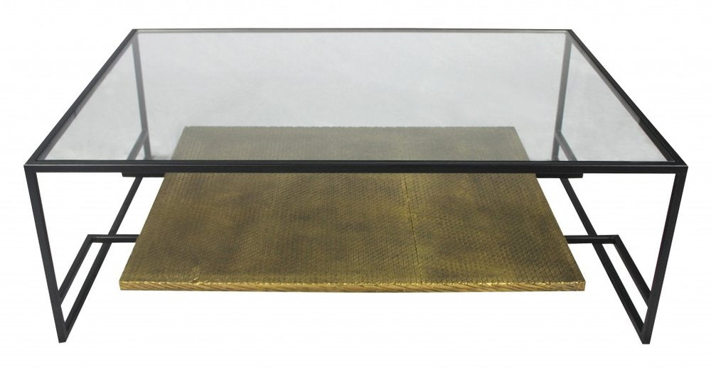 Clear and Black Glass and Iron Floor Shelf Coffee Table with Shelf