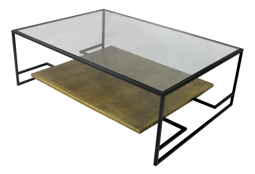 Clear and Black Glass and Iron Floor Shelf Coffee Table with Shelf