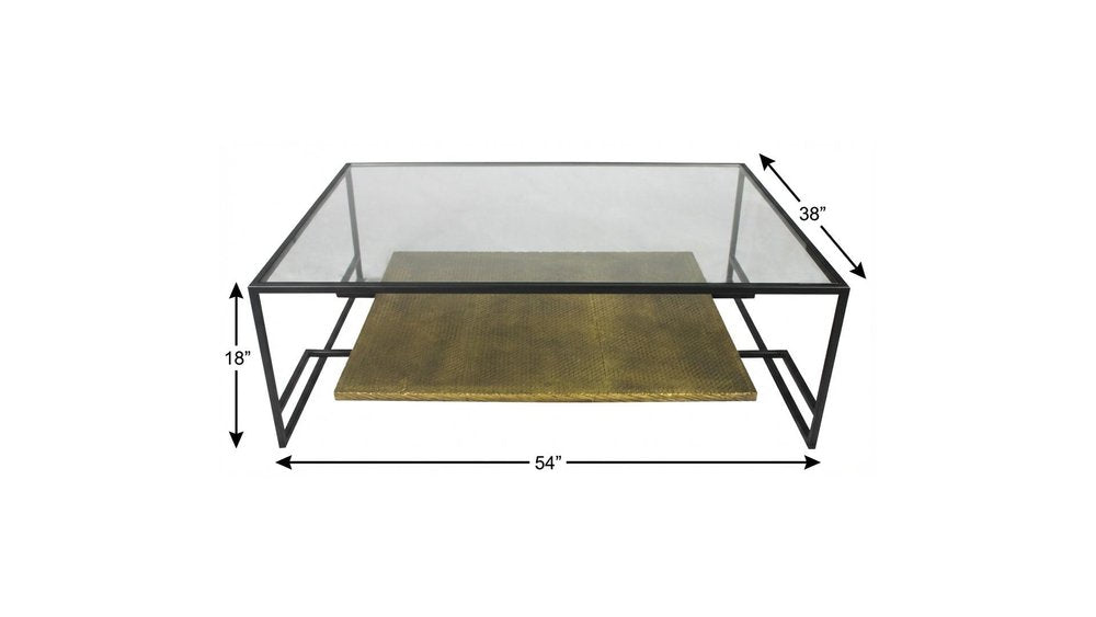 Clear and Black Glass and Iron Floor Shelf Coffee Table with Shelf