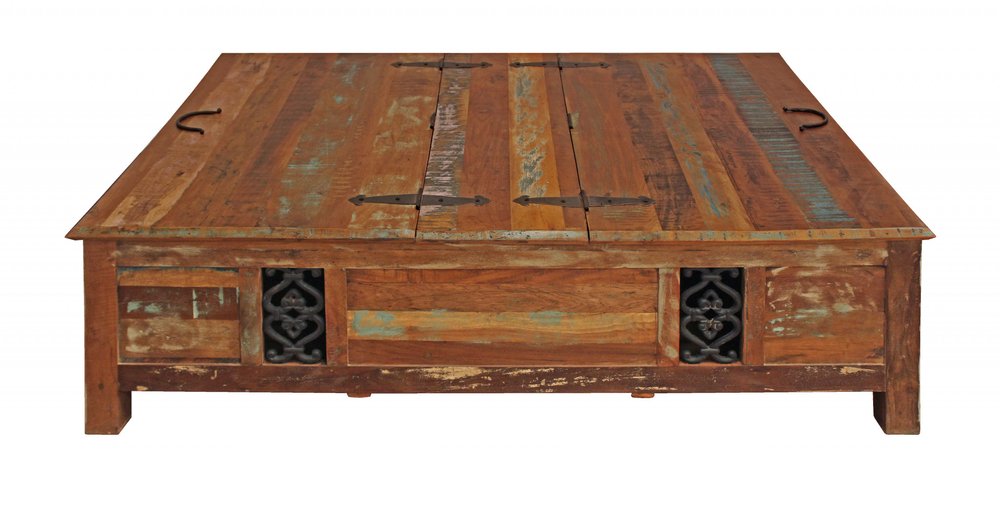 Green and Brown Solid Wood Distressed Lift Top Solid Coffee Table