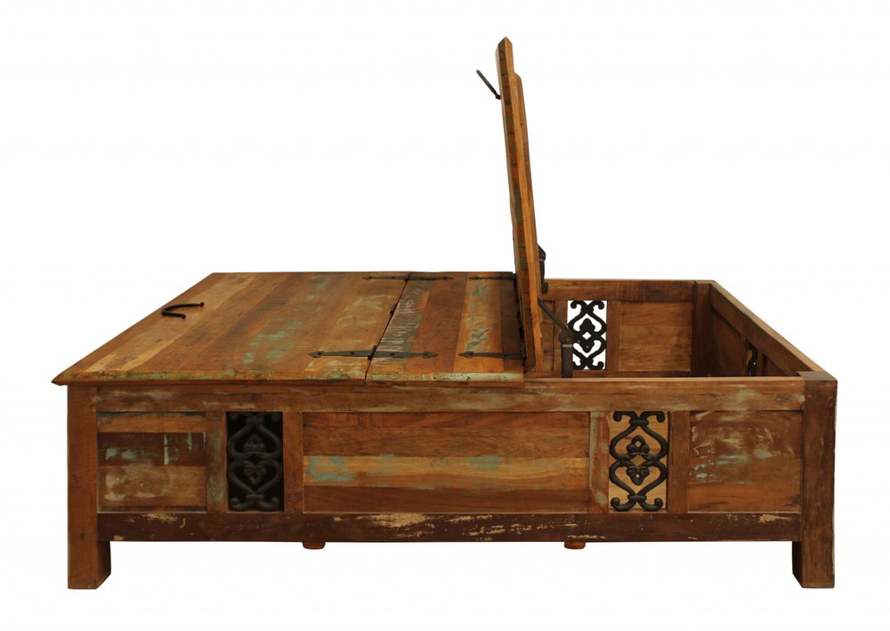 Green and Brown Solid Wood Distressed Lift Top Solid Coffee Table