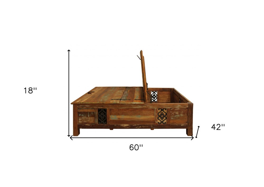Green and Brown Solid Wood Distressed Lift Top Solid Coffee Table