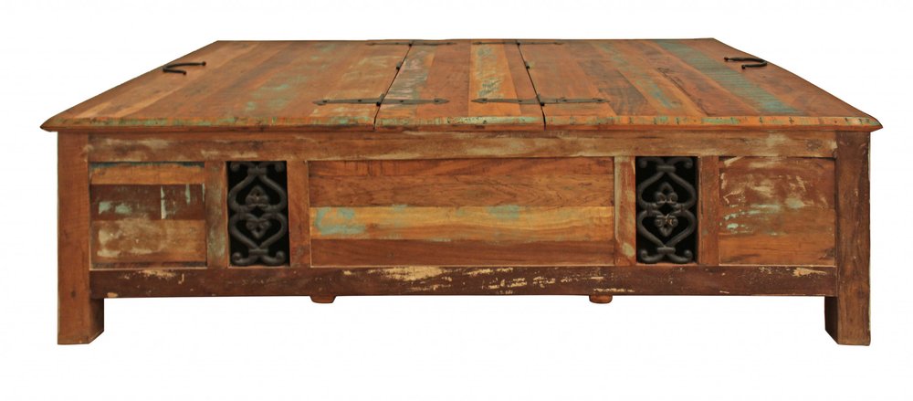 Green and Brown Solid Wood Distressed Lift Top Solid Coffee Table