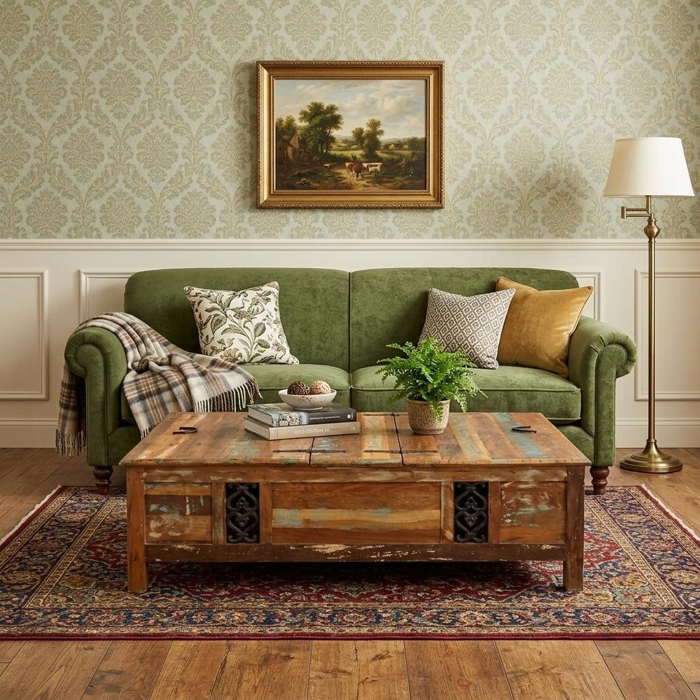 Green and Brown Solid Wood Distressed Lift Top Solid Coffee Table