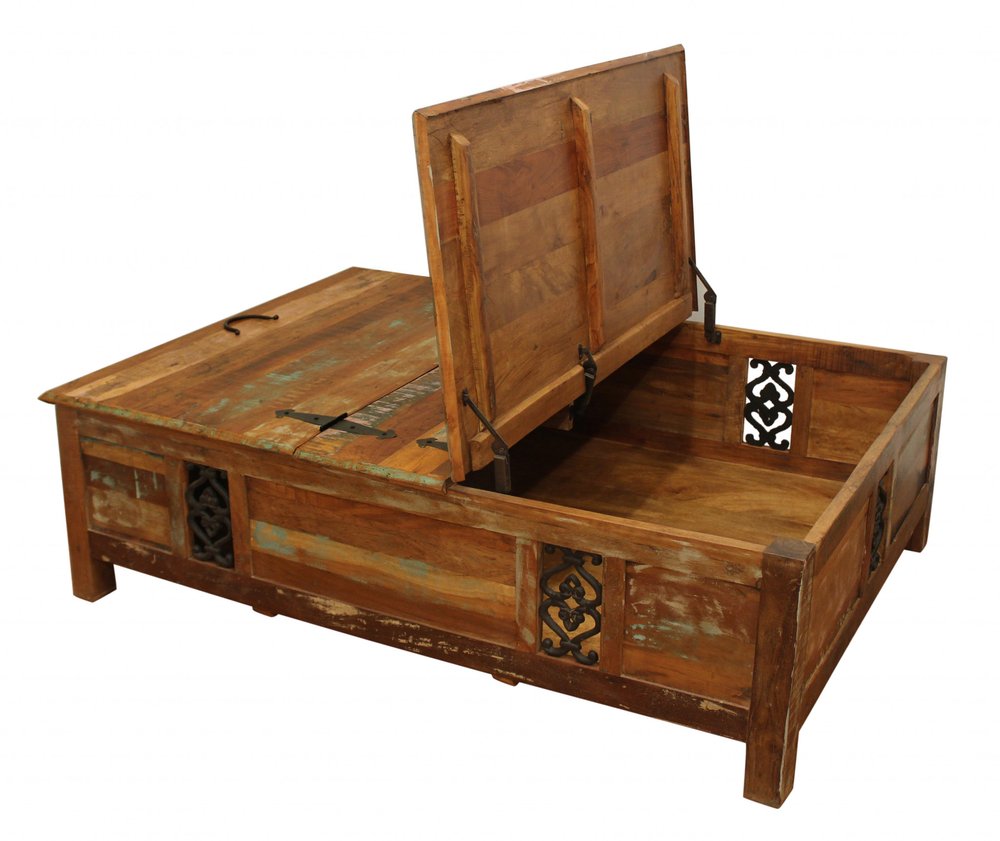 Green and Brown Solid Wood Distressed Lift Top Solid Coffee Table