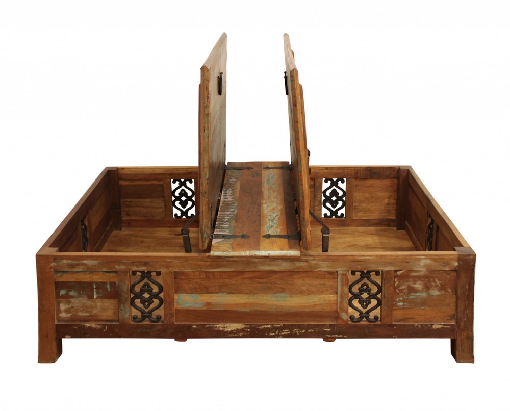 Green and Brown Solid Wood Distressed Lift Top Solid Coffee Table