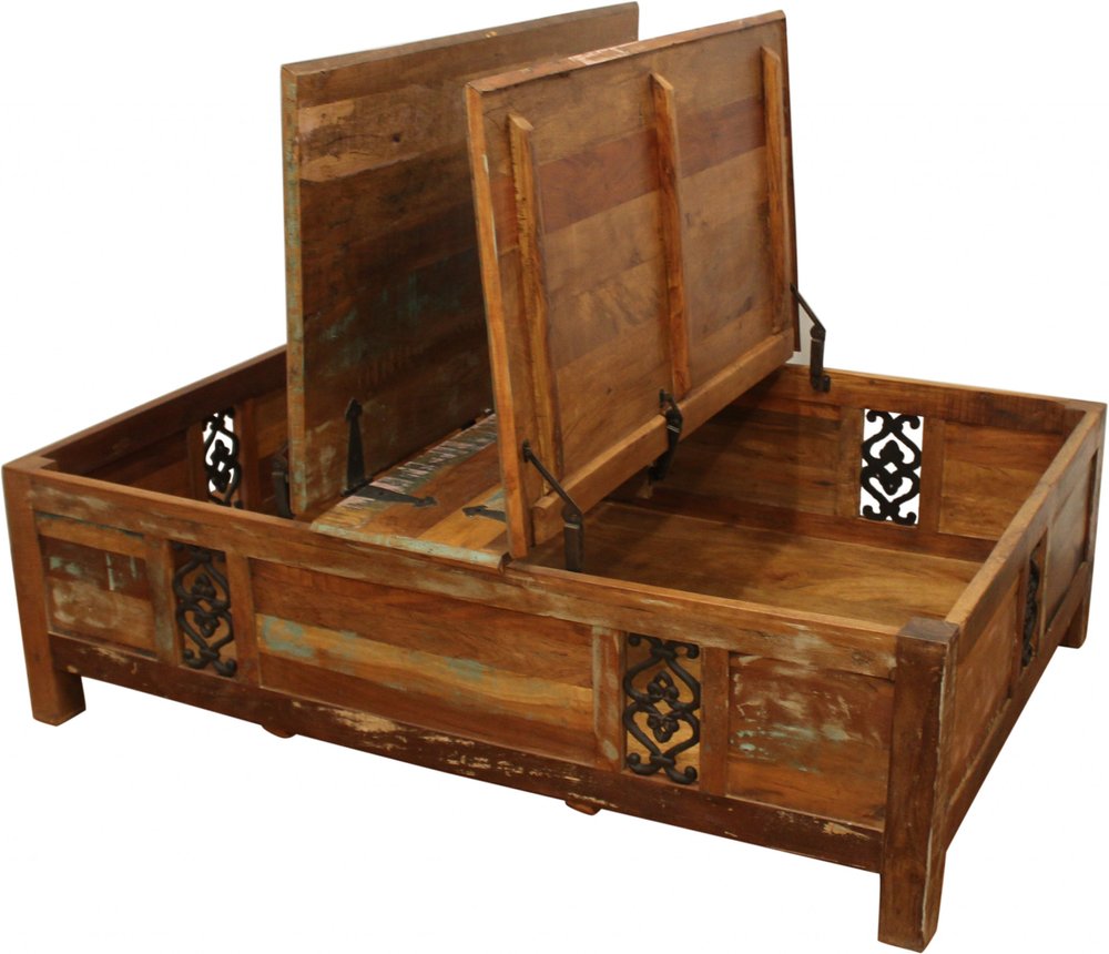Green and Brown Solid Wood Distressed Lift Top Solid Coffee Table