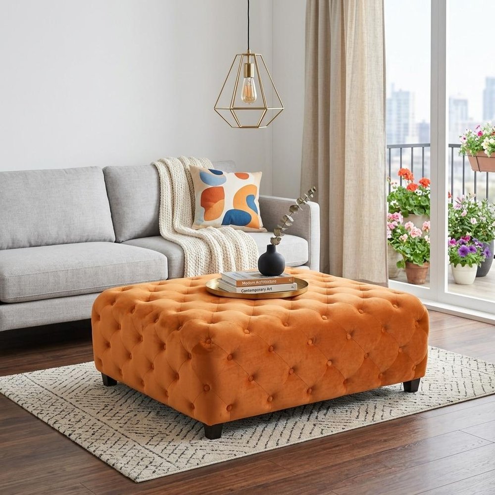 Orange and Brown Fabric and Solid Wood Square Coffee Table - 40-inch
