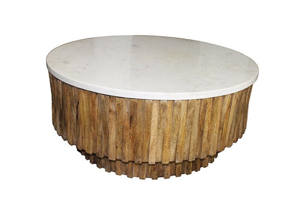 Ivory and Natural Genuine Marble and Solid Wood Round Solid Coffee Table