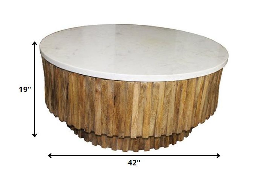 Ivory and Natural Genuine Marble and Solid Wood Round Solid Coffee Table