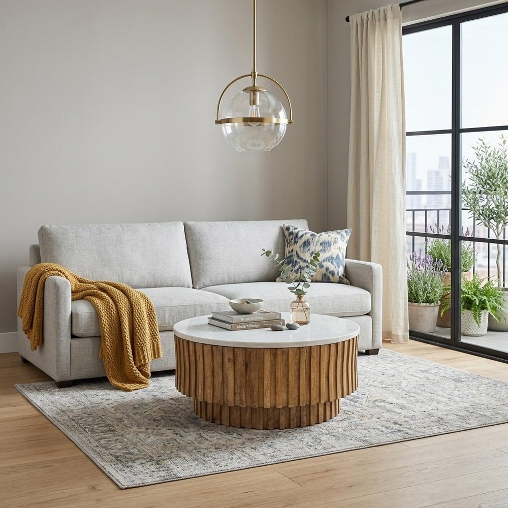 Ivory and Natural Genuine Marble and Solid Wood Round Solid Coffee Table