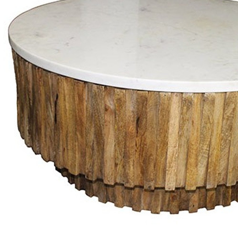 Ivory and Natural Genuine Marble and Solid Wood Round Solid Coffee Table