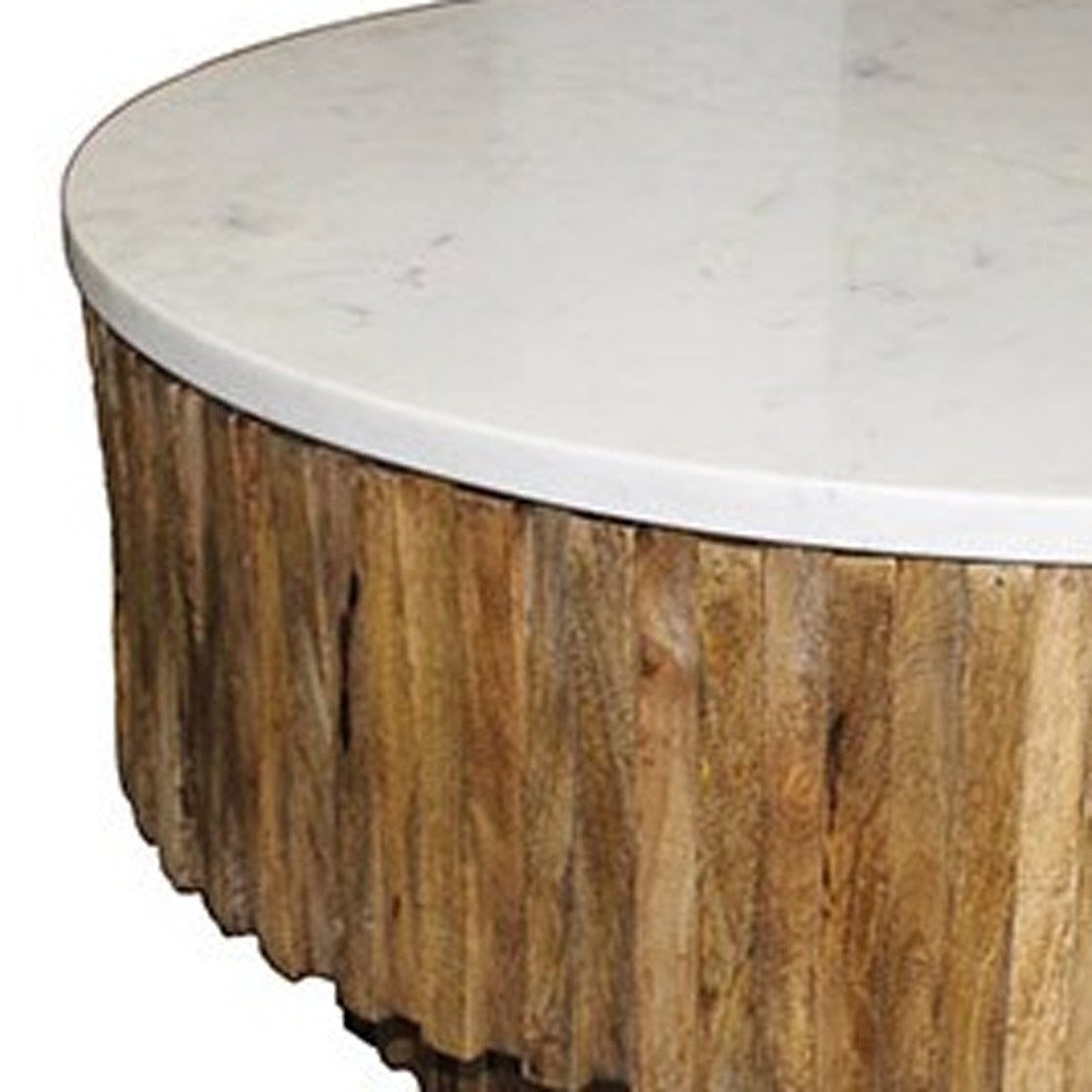 Ivory and Natural Genuine Marble and Solid Wood Round Solid Coffee Table