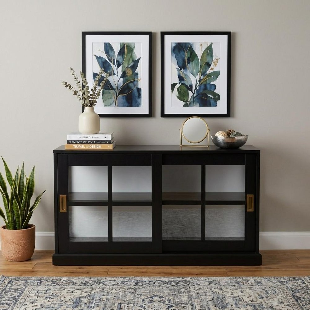 Black Sideboard with Two Glass Sliding Doors - 48-inch