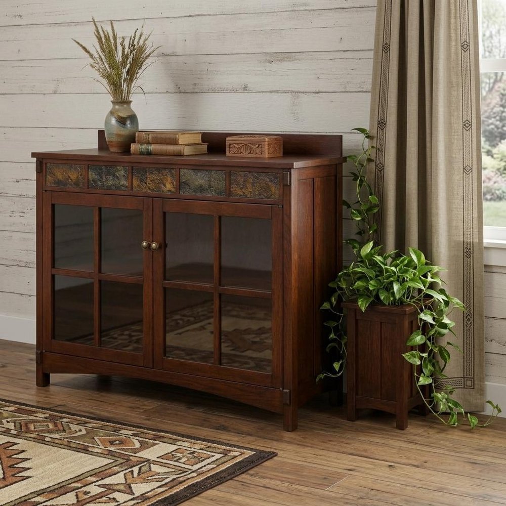 Brown Wood with Glass Sideboard with Two Doors - 44-inch