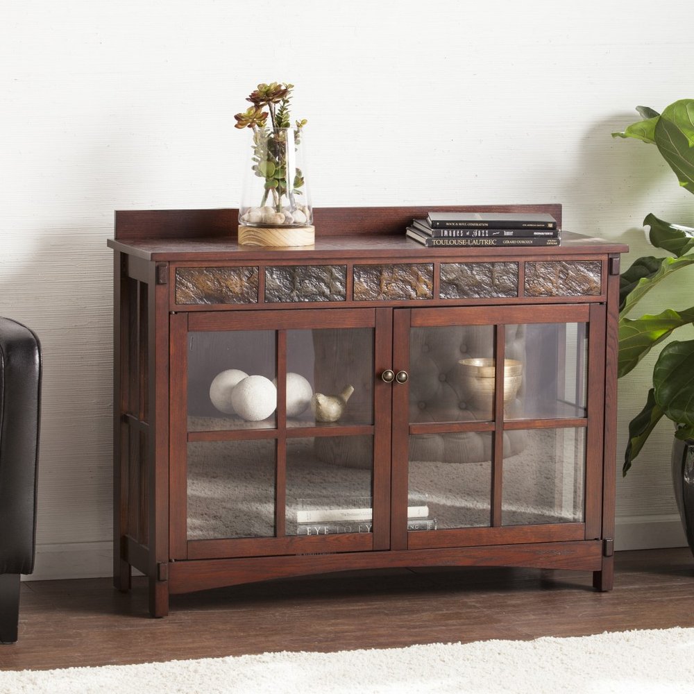 Brown Wood with Glass Sideboard with Two Doors - 44-inch