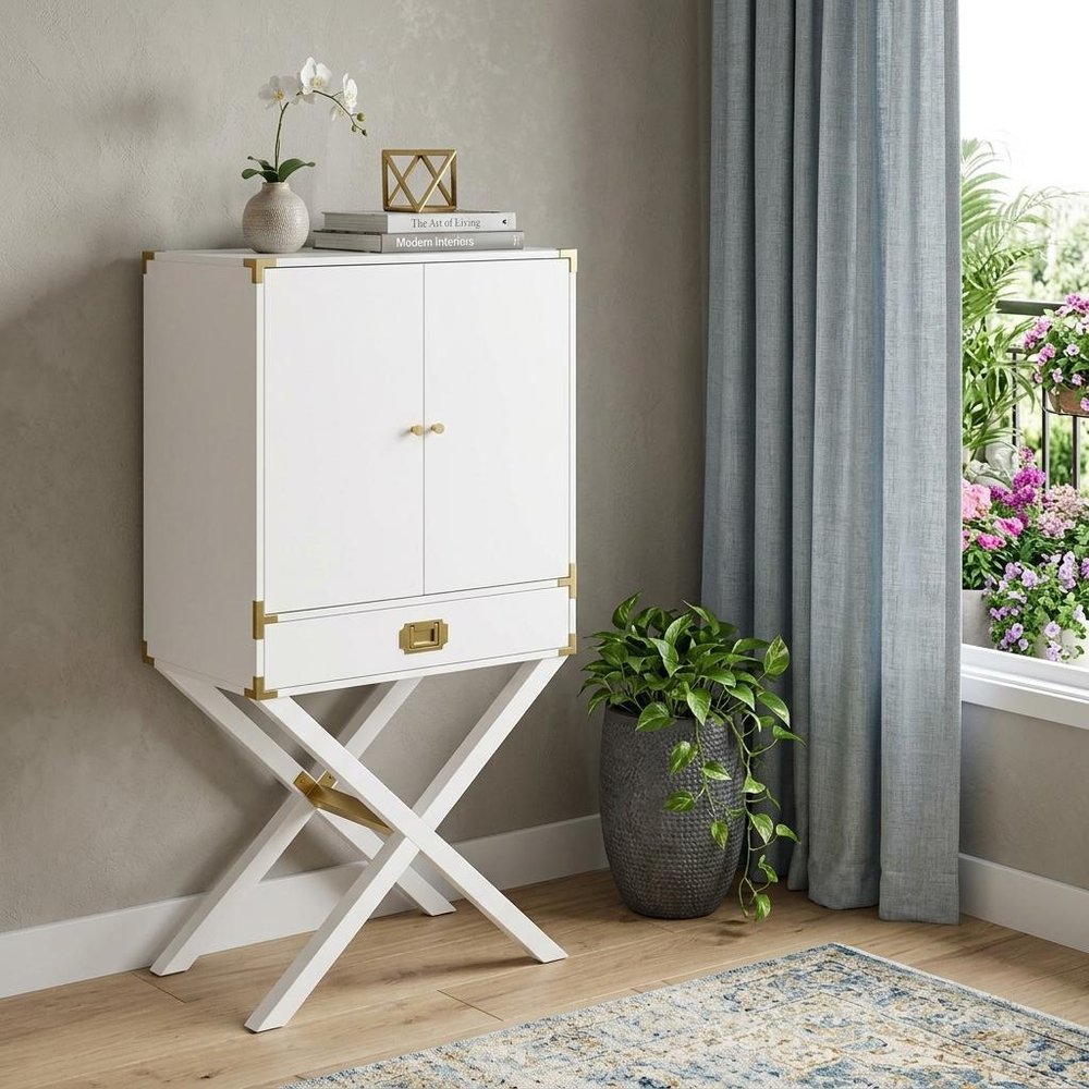 White Corner Display Stand with One Shelf and One Drawer - 30-inch