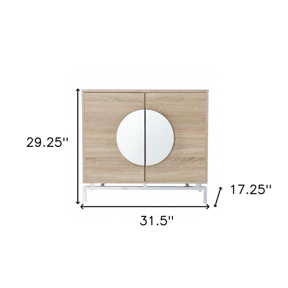 Natural and Chrome Mirrored Circle Double Door Bar Cabinet - 32-inch