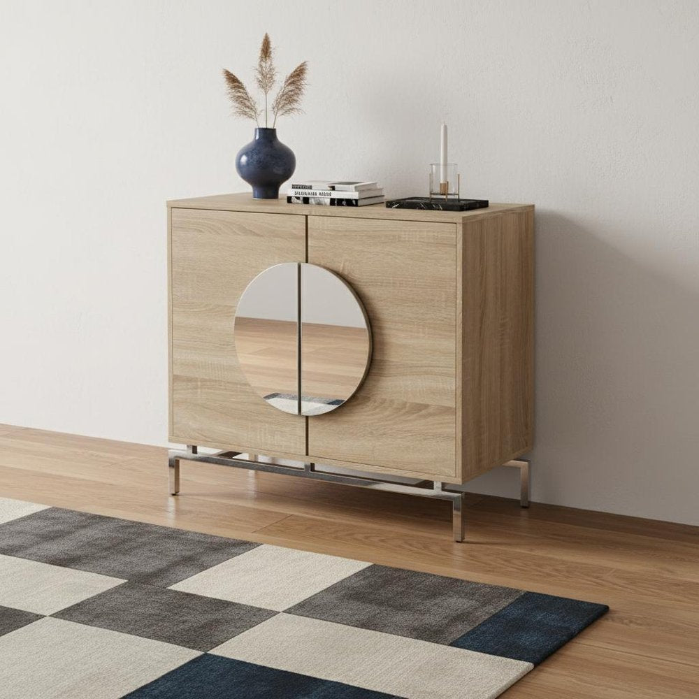 Natural and Chrome Mirrored Circle Double Door Bar Cabinet - 32-inch