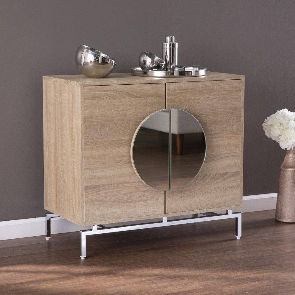 Natural and Chrome Mirrored Circle Double Door Bar Cabinet - 32-inch