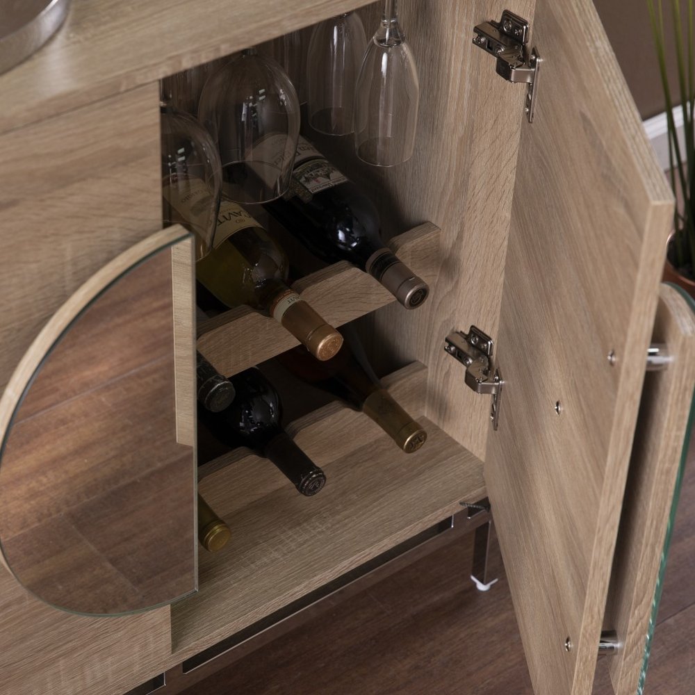Natural and Chrome Mirrored Circle Double Door Bar Cabinet - 32-inch