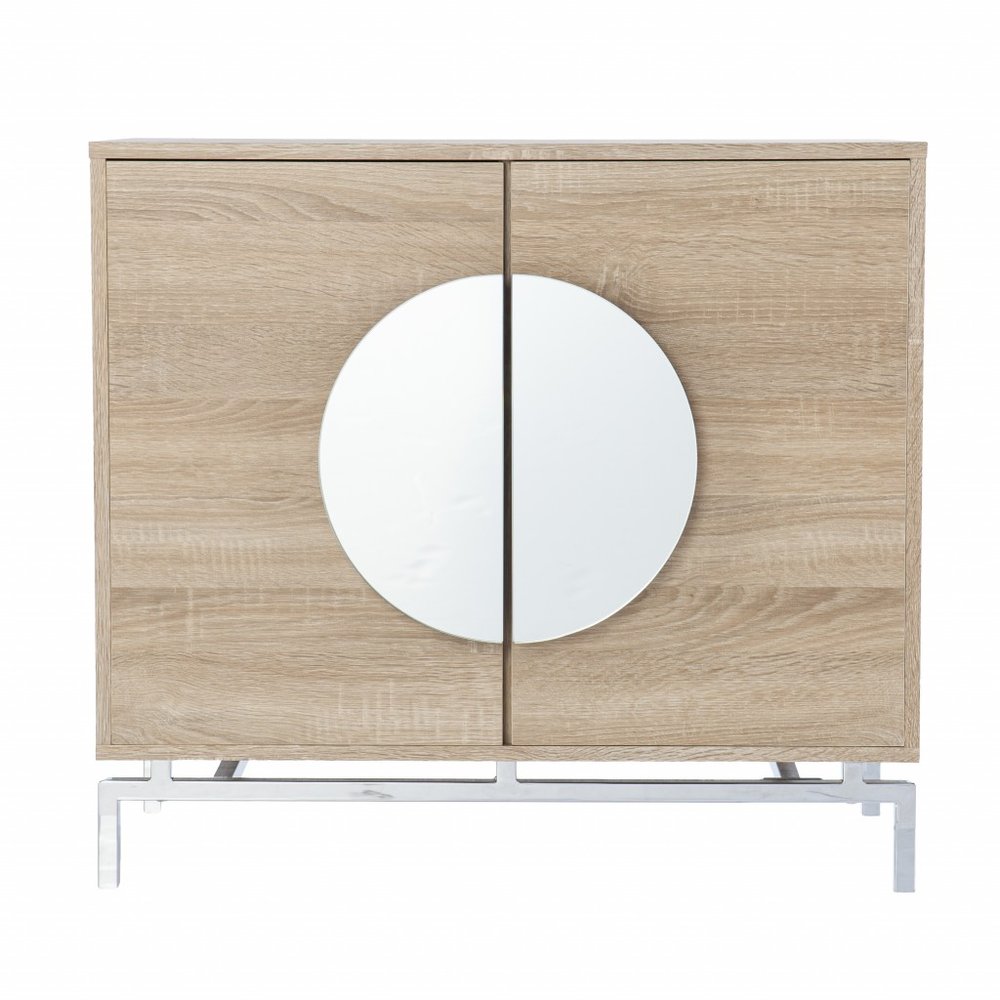Natural and Chrome Mirrored Circle Double Door Bar Cabinet - 32-inch
