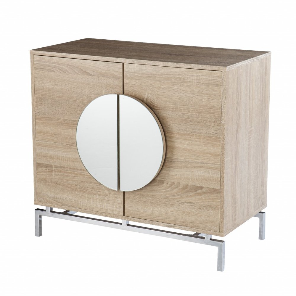 Natural and Chrome Mirrored Circle Double Door Bar Cabinet - 32-inch