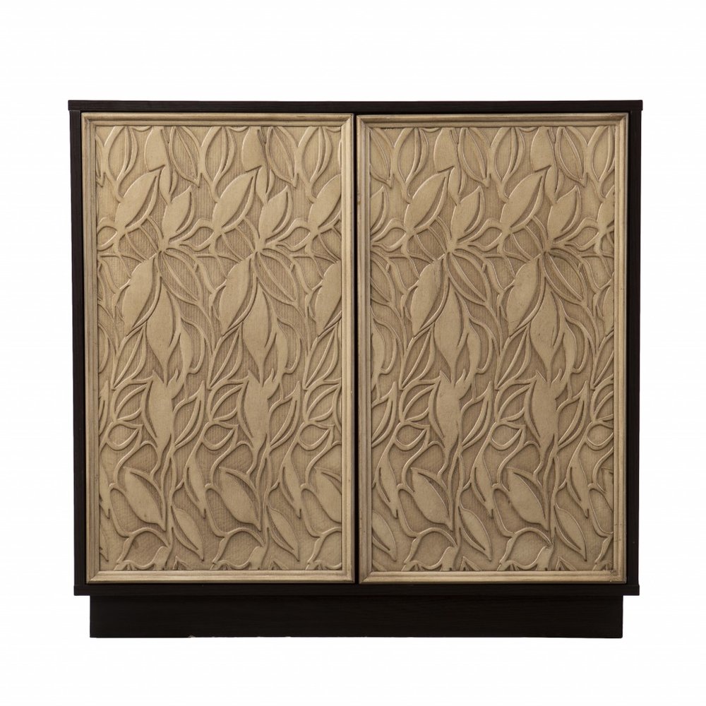 Dark Brown and Natural Carved Floral Sideboard with Two Doors - 32-inch