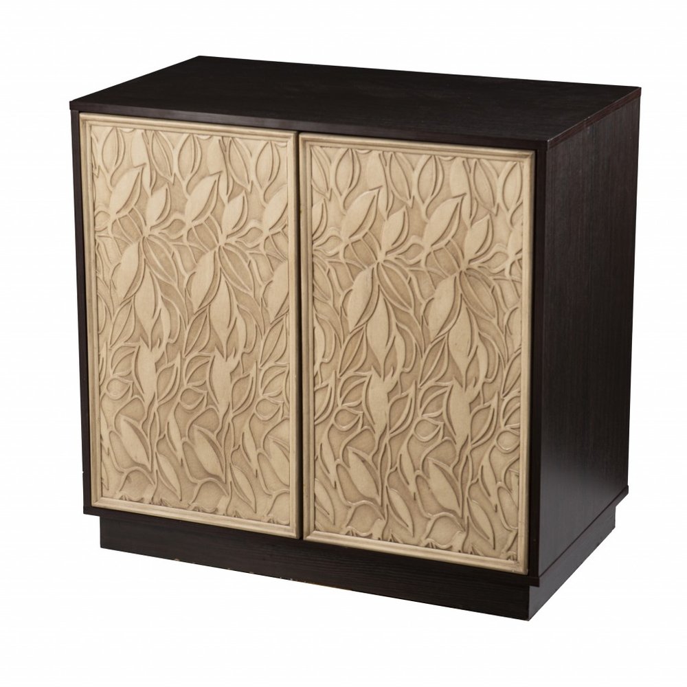 Dark Brown and Natural Carved Floral Sideboard with Two Doors - 32-inch