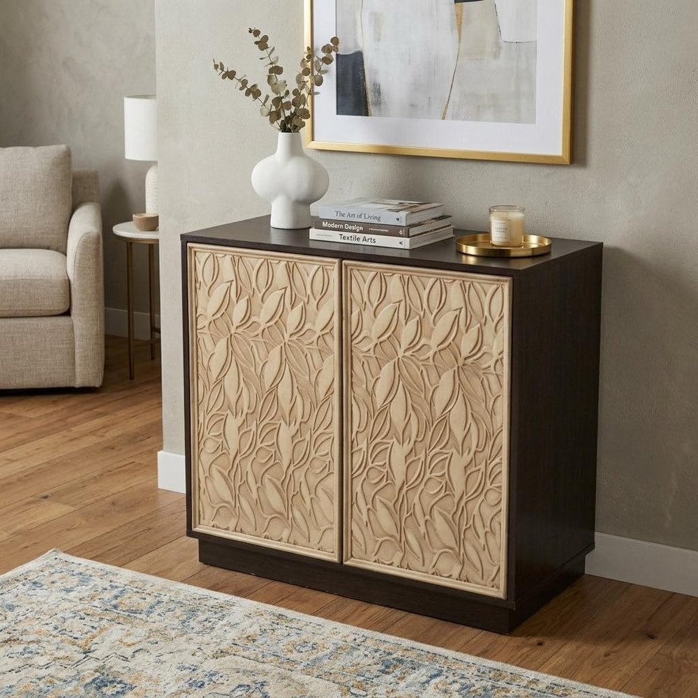 Dark Brown and Natural Carved Floral Sideboard with Two Doors - 32-inch