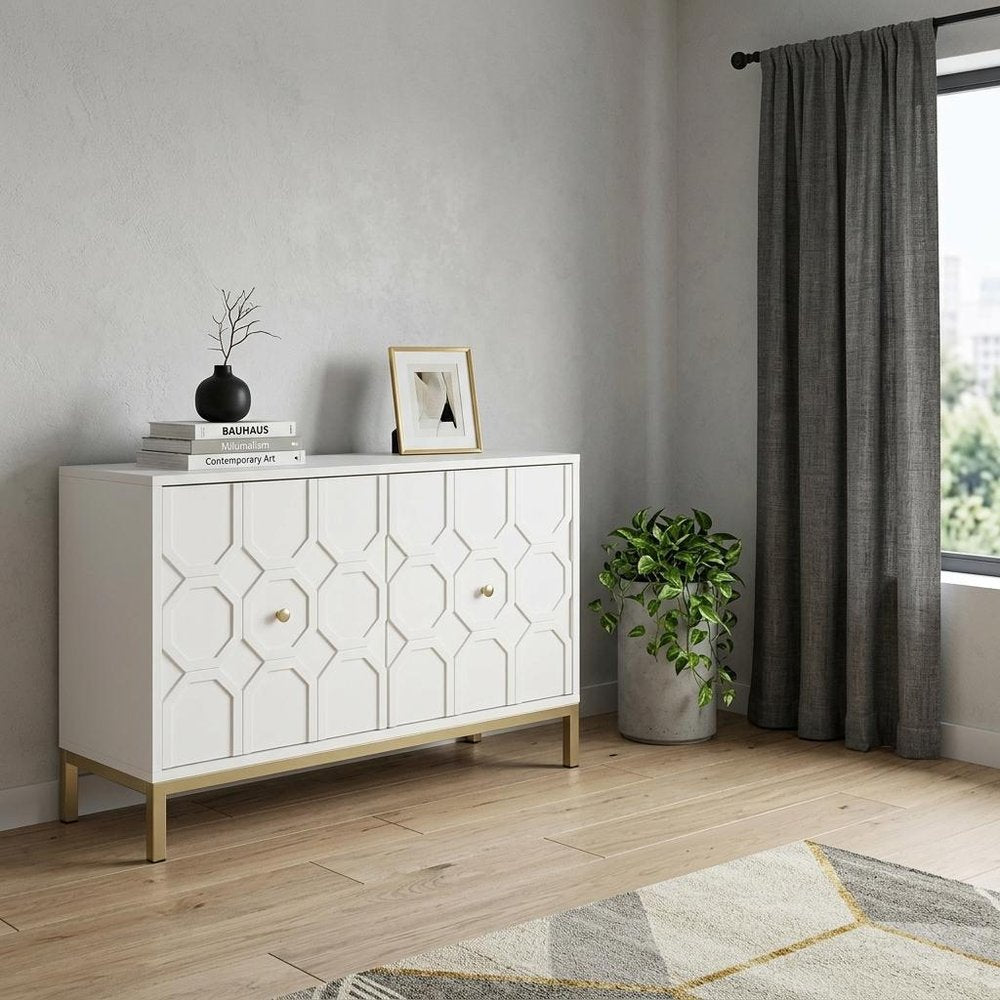 White Carved Geometric Sideboard with Two Doors - 40-inch