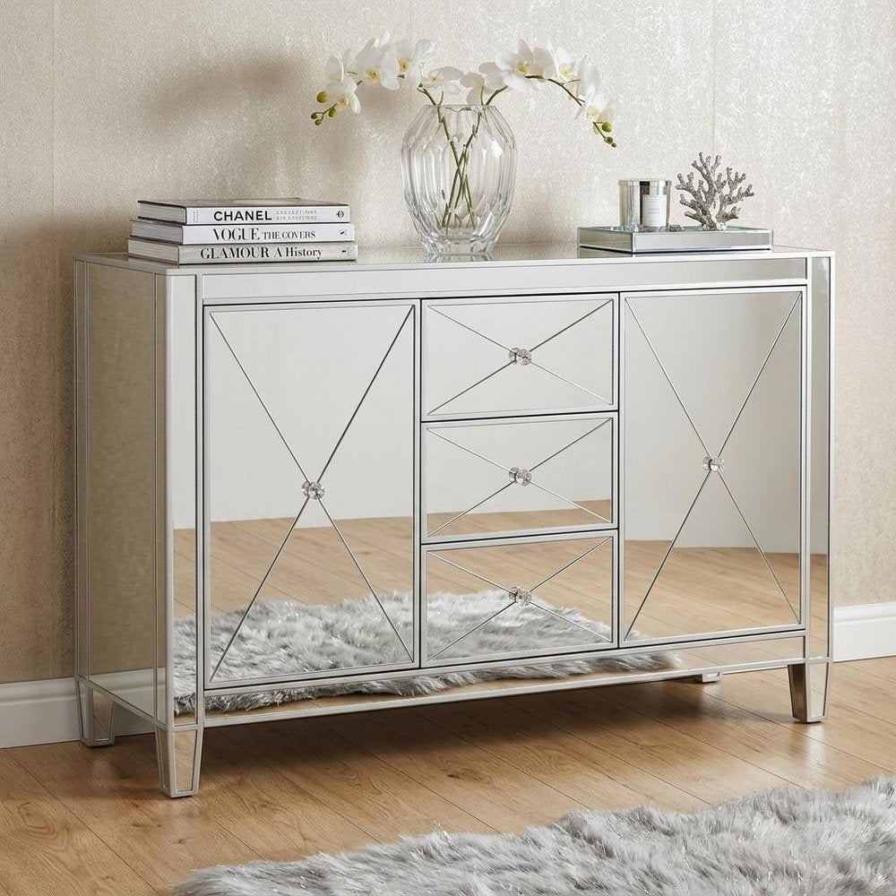 Silver Wood and Glass Three Drawer Credenza with Two Doors - 50-inch
