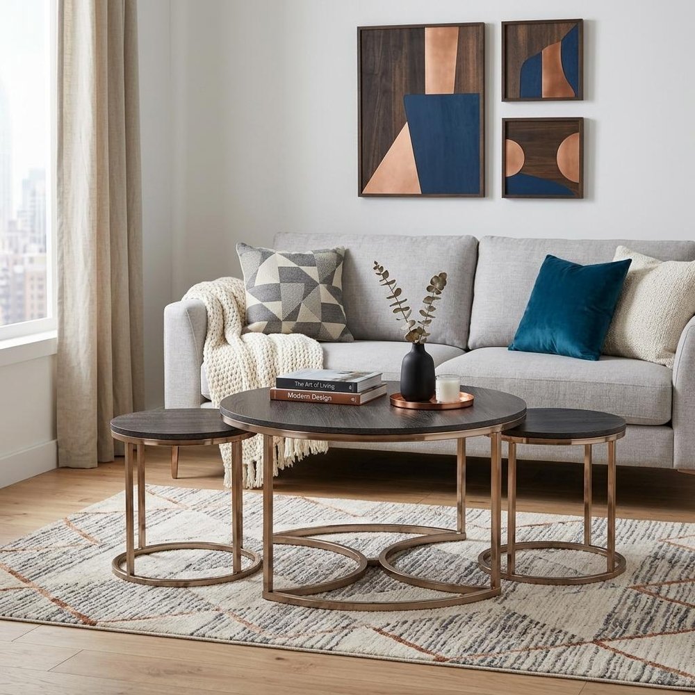 Champagne and Charcoal Manufactured Wood and Metal with Iron Round Coffee Table