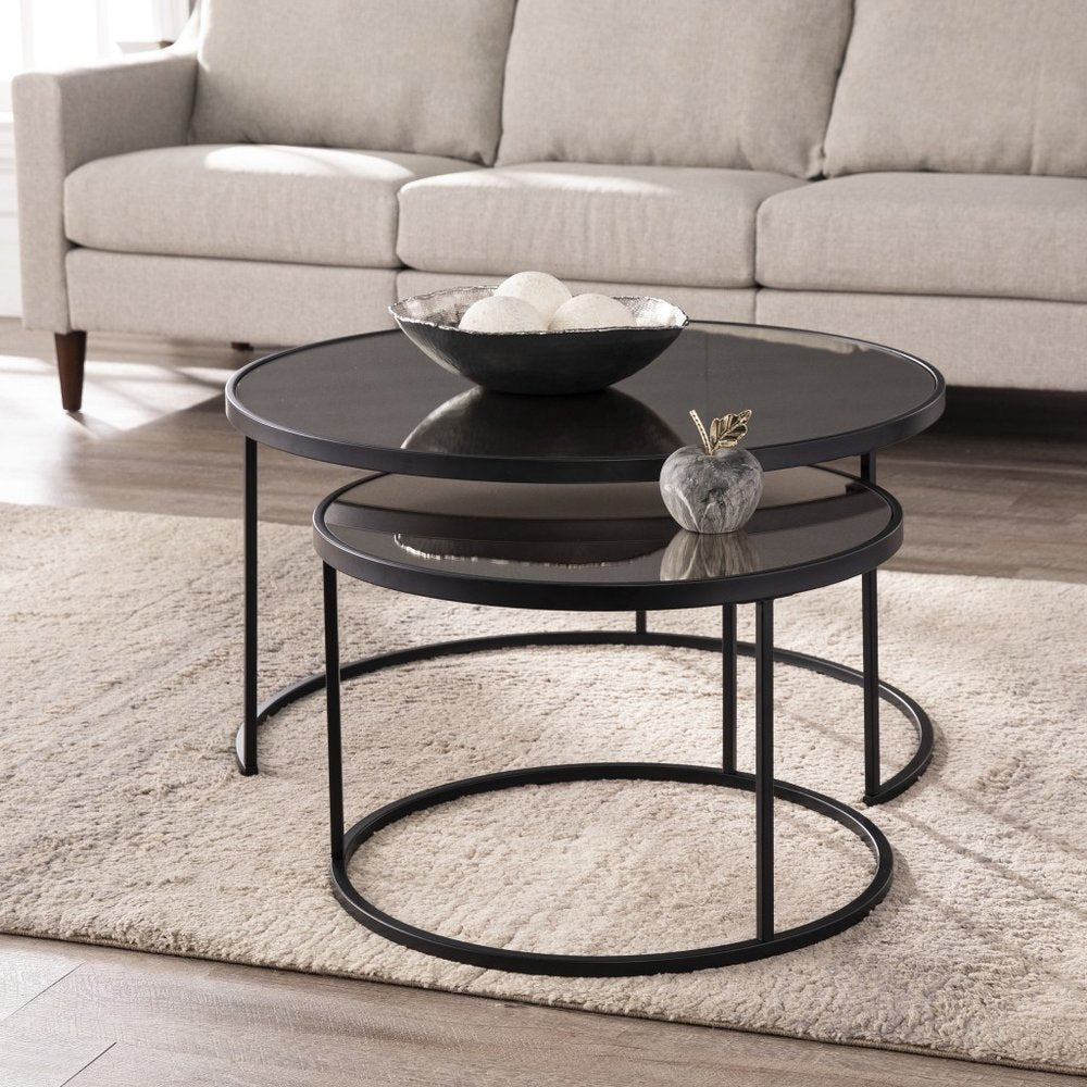 Set of Two Black and Silver Mirrored Round Nested Coffee Table Set
