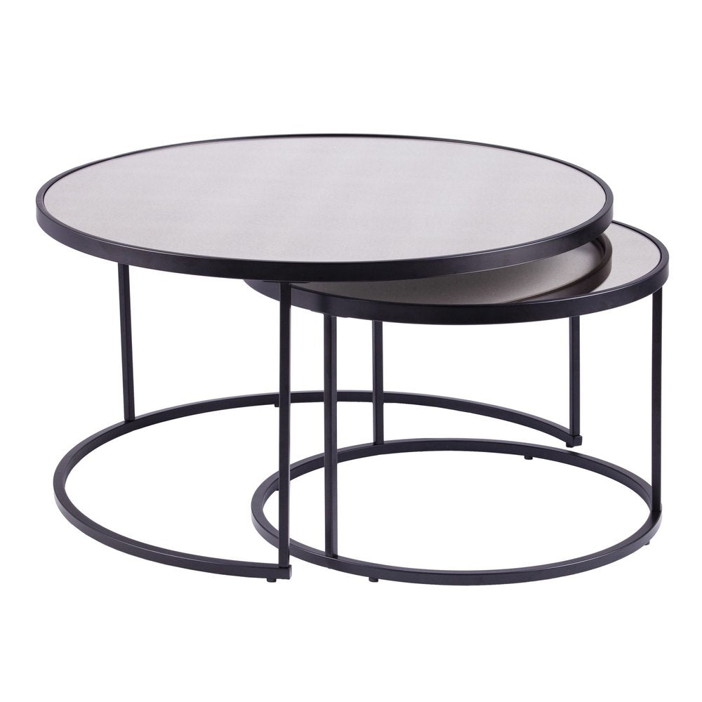 Set of Two Black and Silver Mirrored Round Nested Coffee Table Set