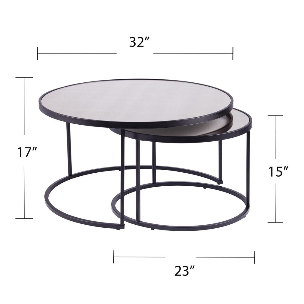 Set of Two Black and Silver Mirrored Round Nested Coffee Table Set