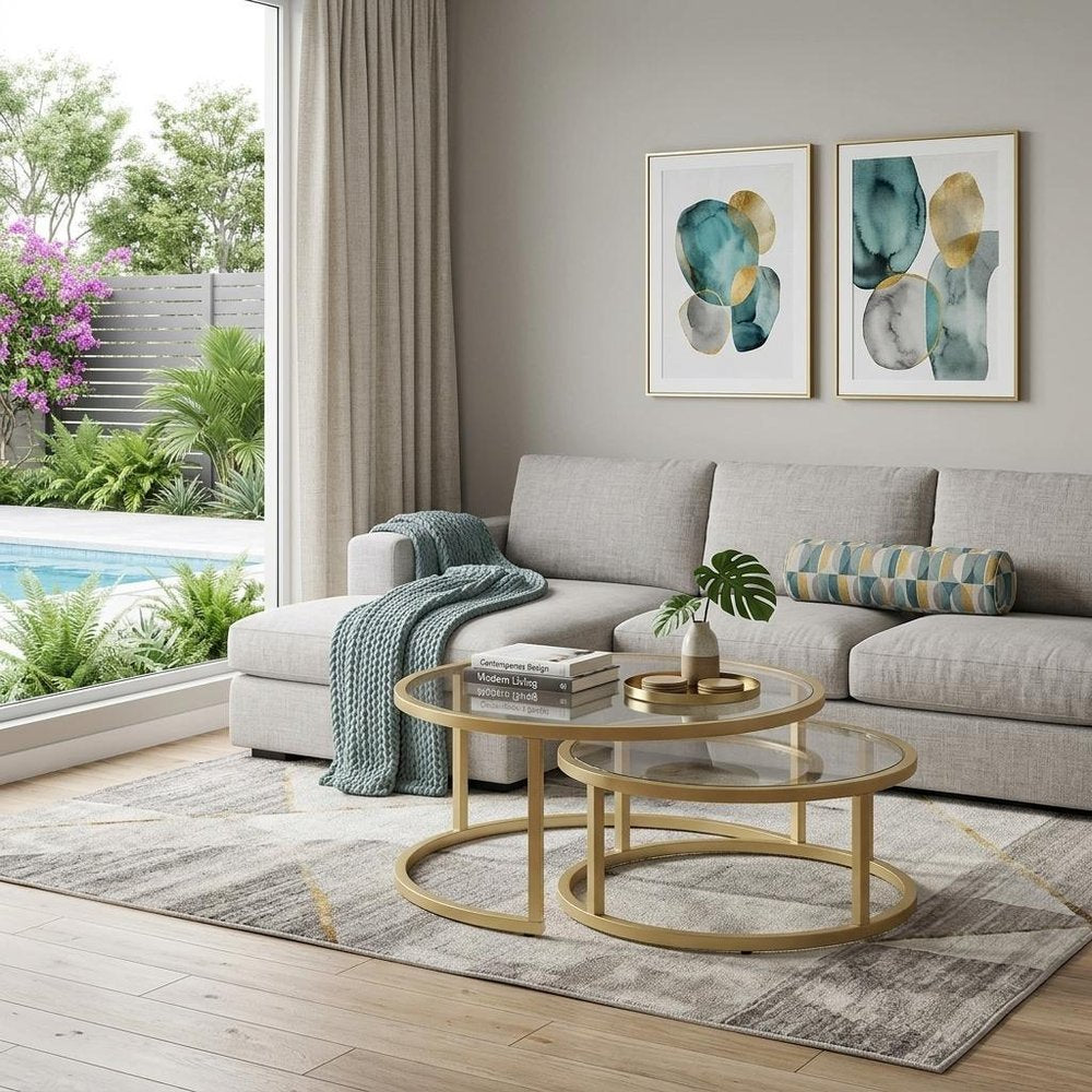 Set of Two Gold Glass Round Nested Coffee Tables