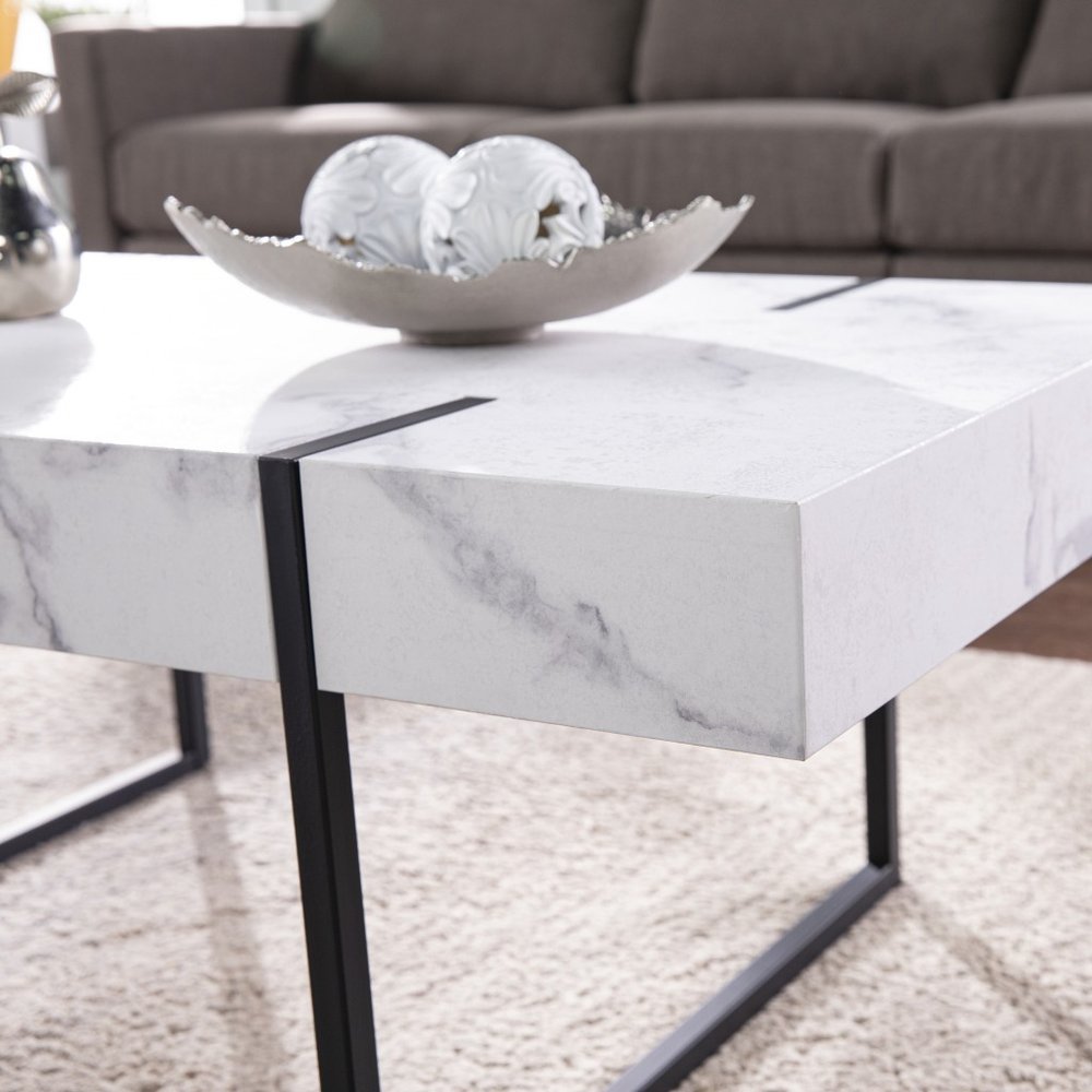 White and Black Faux Marble and Metal with Iron Coffee Table - 43-inch