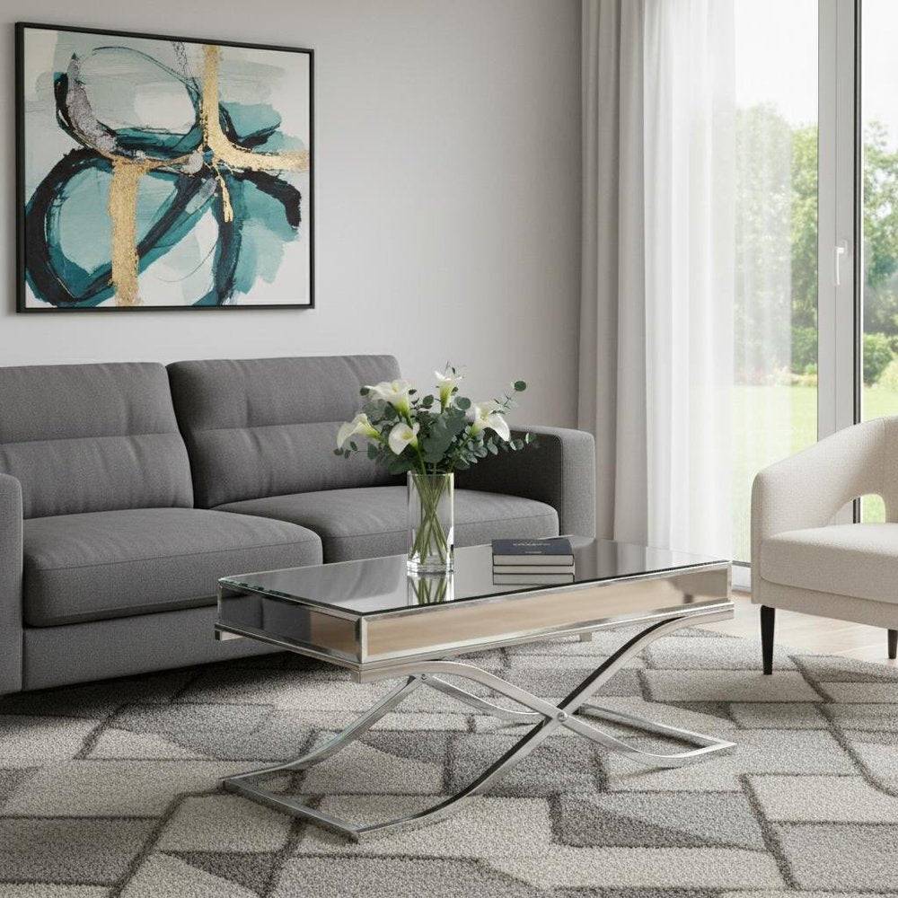 Silver Mirrored and Metal Rectangular Mirrored Coffee Table - 42-inch